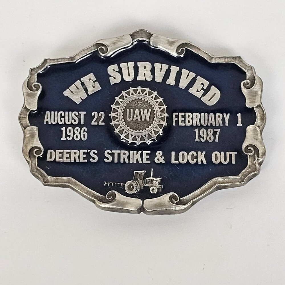 1986 1987‎ John Deere UAW United Auto Workers Strike Lock Out Belt Buckle Pewter